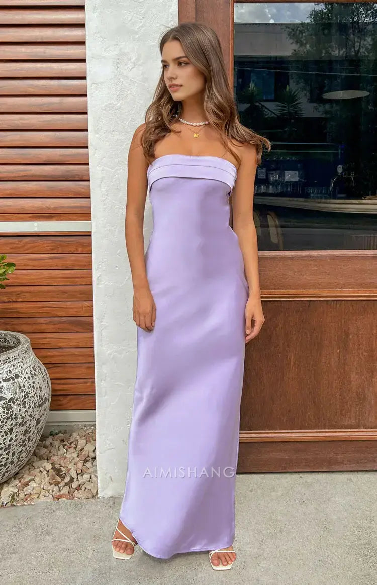 Aimishang Fashion Sheath Strapless Long Formal Prom Dress Elegant Satin Wedding Guest Dress Simple Evening Party Gown