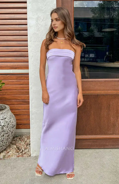 Aimishang Fashion Sheath Strapless Long Formal Prom Dress Elegant Satin Wedding Guest Dress Simple Evening Party Gown