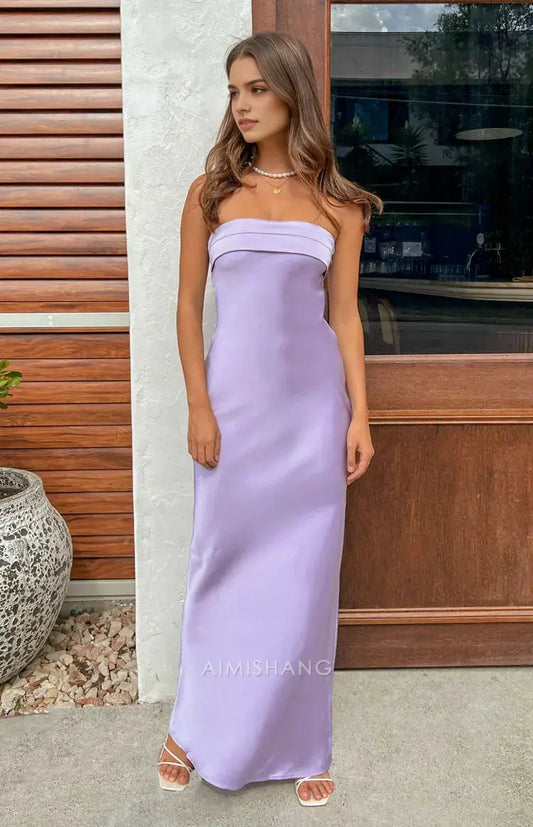 Aimishang Fashion Sheath Strapless Long Formal Prom Dress Elegant Satin Wedding Guest Dress Simple Evening Party Gown