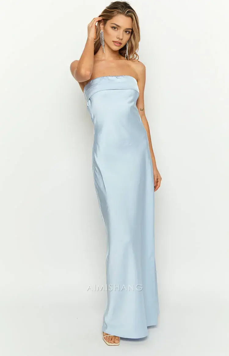 Aimishang Fashion Sheath Strapless Long Formal Prom Dress Elegant Blue Satin Wedding Guest Dress Simple Evening Party Gown