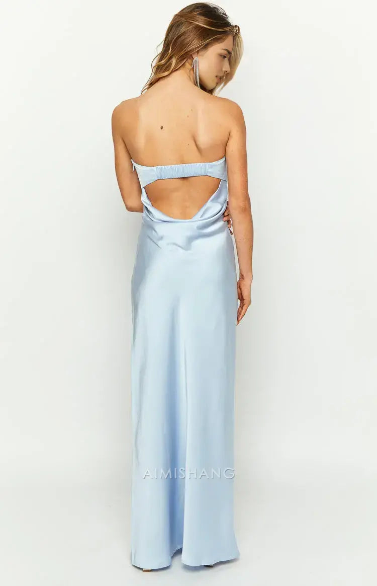Aimishang Fashion Sheath Strapless Long Formal Prom Dress Elegant Blue Satin Wedding Guest Dress Simple Evening Party Gown