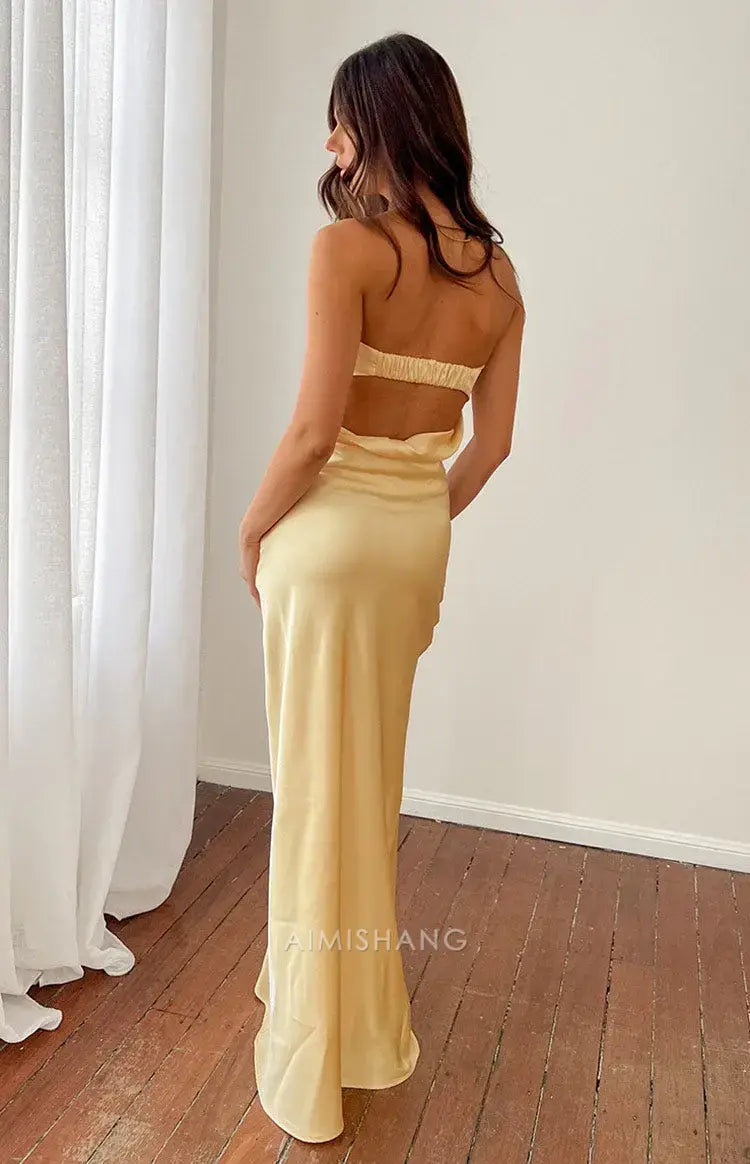 Aimishang Fashion Sheath Strapless Satin Long Formal Prom Dress Elegant Wedding Guest Dress Simple Evening Party Gown