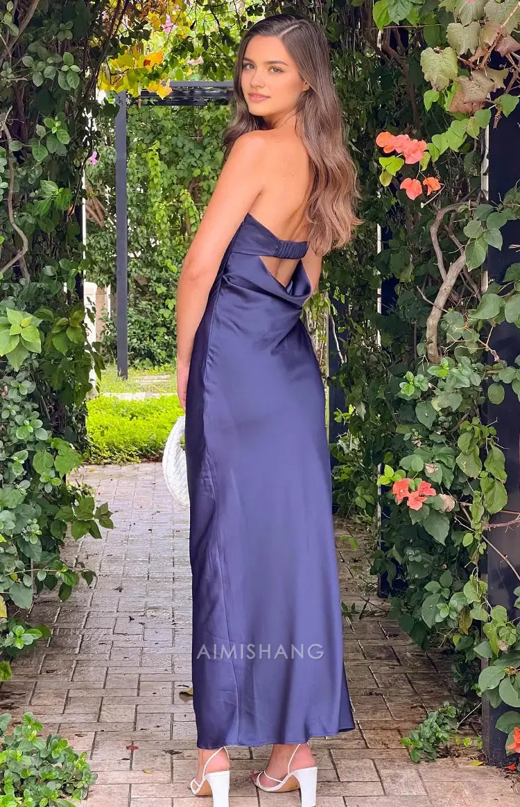 Aimishang Fashion Sheath Strapless Long Formal Prom Dress Elegant Satin Wedding Guest Dress Simple Evening Party Gown
