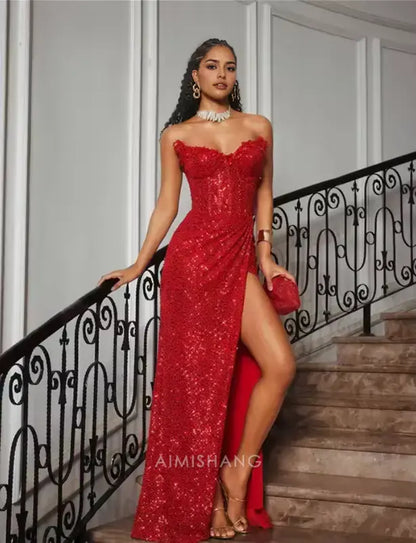 Aimishang Fashion Sheath Strapless Sleeveless Long Formal Prom Dress With Slit Gorgeous Party Graduation Dress Black Grils Evening Gowns