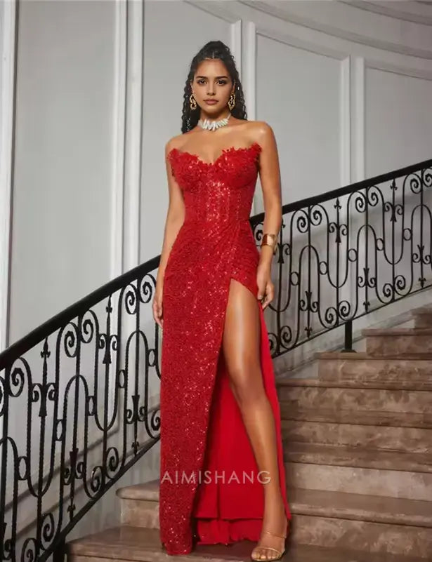 Aimishang Fashion Sheath Strapless Sleeveless Long Formal Prom Dress With Slit Gorgeous Party Graduation Dress Black Grils Evening Gowns