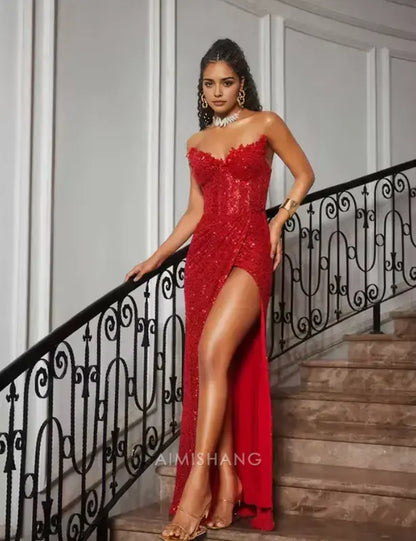 Aimishang Fashion Sheath Strapless Sleeveless Long Formal Prom Dress With Slit Gorgeous Party Graduation Dress Black Grils Evening Gowns