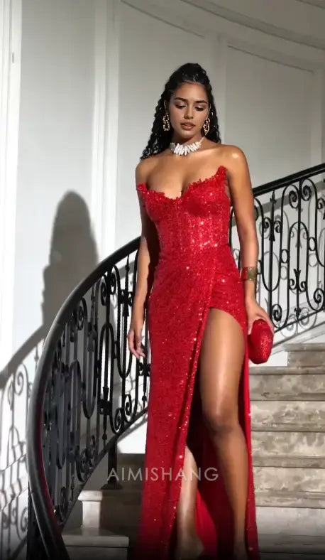 Aimishang Fashion Sheath Strapless Sleeveless Long Formal Prom Dress With Slit Gorgeous Party Graduation Dress Black Grils Evening Gowns