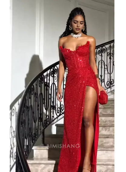Aimishang Fashion Sheath Strapless Sleeveless Long Formal Prom Dress With Slit Gorgeous Party Graduation Dress Black Grils Evening Gowns