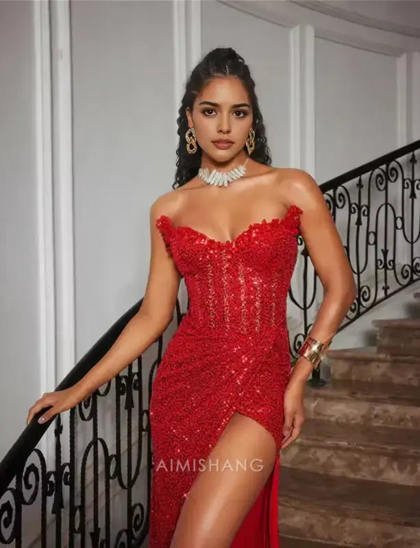 Aimishang Fashion Sheath Strapless Sleeveless Long Formal Prom Dress With Slit Gorgeous Party Graduation Dress Black Grils Evening Gowns
