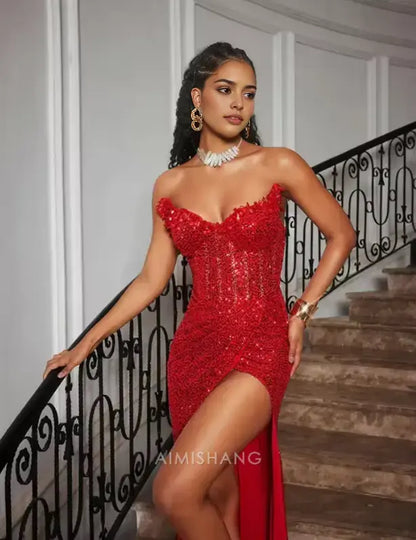 Aimishang Fashion Sheath Strapless Sleeveless Long Formal Prom Dress With Slit Gorgeous Party Graduation Dress Black Grils Evening Gowns