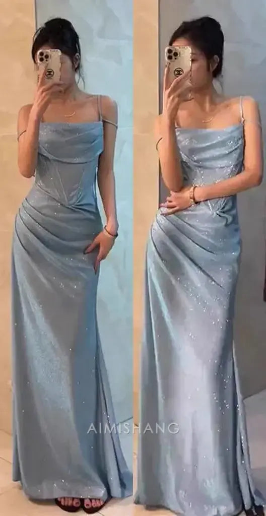 Aimishang Fashion Spaghetti Straps Pleated Sleeveless Long Formal Prom Dress Elegant Evening Gown Shiny Graduation Dress
