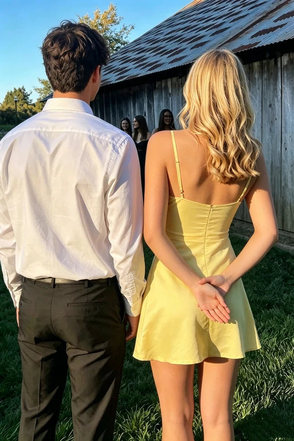 Aimishang Fashion Spaghetti Straps Ruched Sleeveless Yellow Satin Short Homecoming Dress