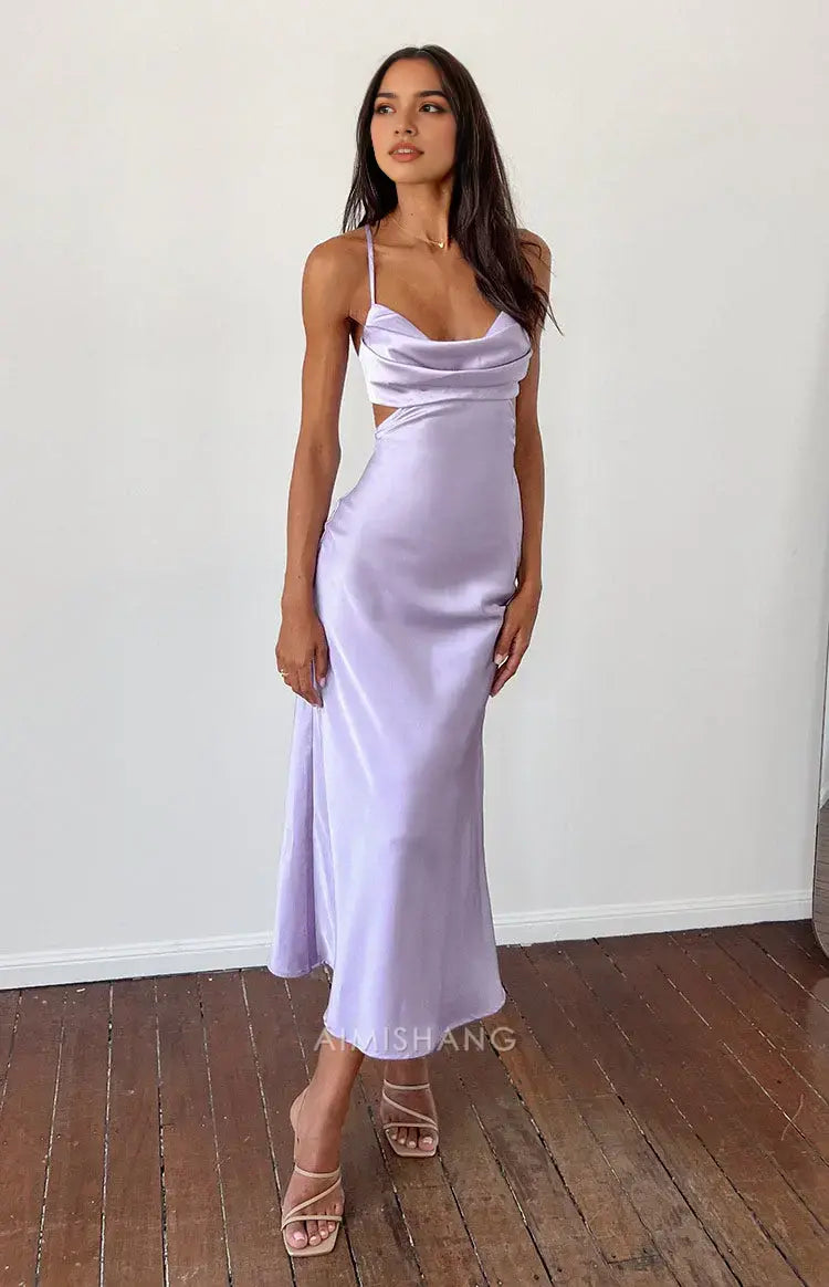 Aimishang Fashion Spaghetti Straps Satin Sleeveless Formal Prom Dress Elegant Wedding Guest Dress Simple Evening Party Gown