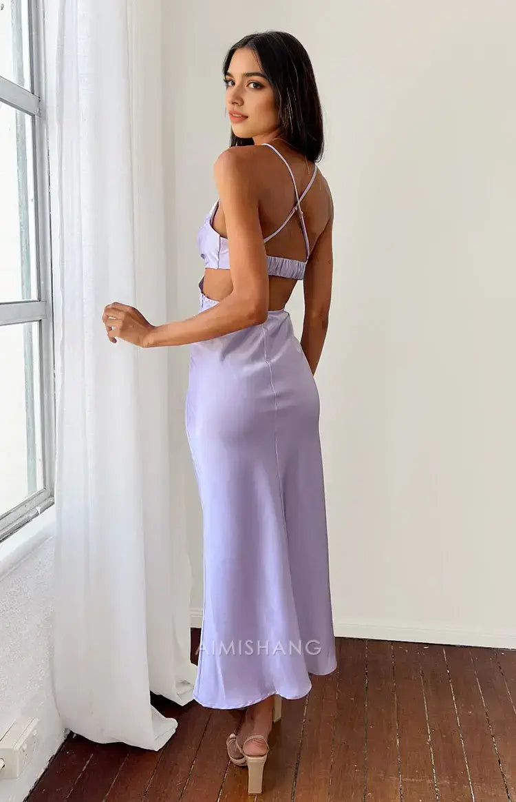 Aimishang Fashion Spaghetti Straps Satin Sleeveless Formal Prom Dress Elegant Wedding Guest Dress Simple Evening Party Gown