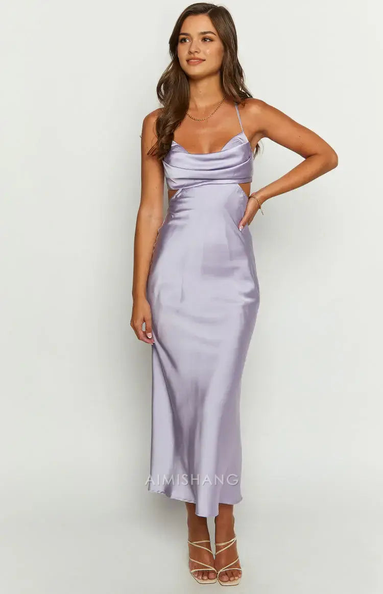 Aimishang Fashion Spaghetti Straps Satin Sleeveless Formal Prom Dress Elegant Wedding Guest Dress Simple Evening Party Gown