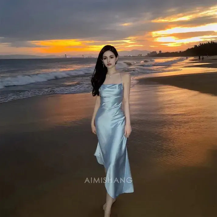 Aimishang Fashion Spaghetti Straps Satin Sleeveless Formal Prom Dress Simple Party Evening Gowns Elegant Vacation Beach Dress