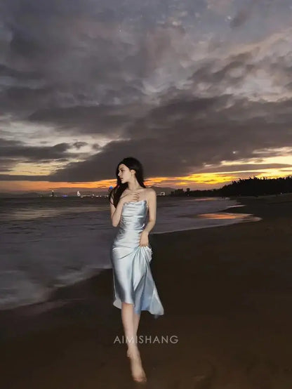 Aimishang Fashion Spaghetti Straps Satin Sleeveless Formal Prom Dress Simple Party Evening Gowns Elegant Vacation Beach Dress