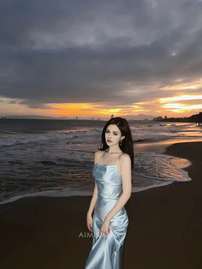 Aimishang Fashion Spaghetti Straps Satin Sleeveless Formal Prom Dress Simple Party Evening Gowns Elegant Vacation Beach Dress