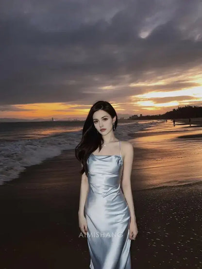 Aimishang Fashion Spaghetti Straps Satin Sleeveless Formal Prom Dress Simple Party Evening Gowns Elegant Vacation Beach Dress