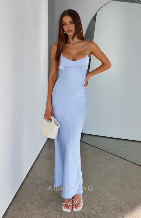 Aimishang Fashion Spaghetti Straps Sleeveless Long Prom Dress Simple Maxi Dress Elegant Evening Party Dress