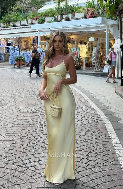 Aimishang Fashion Spaghetti Straps Sleeveless Long Prom Dress Simple Maxi Dress Elegant Evening Party Dress