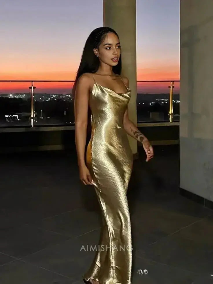 Aimishang Fashion Spaghetti Straps Sleeveless Satin Formal Prom Dress Black Grils Birthday Party Dress Simple Evening Gown