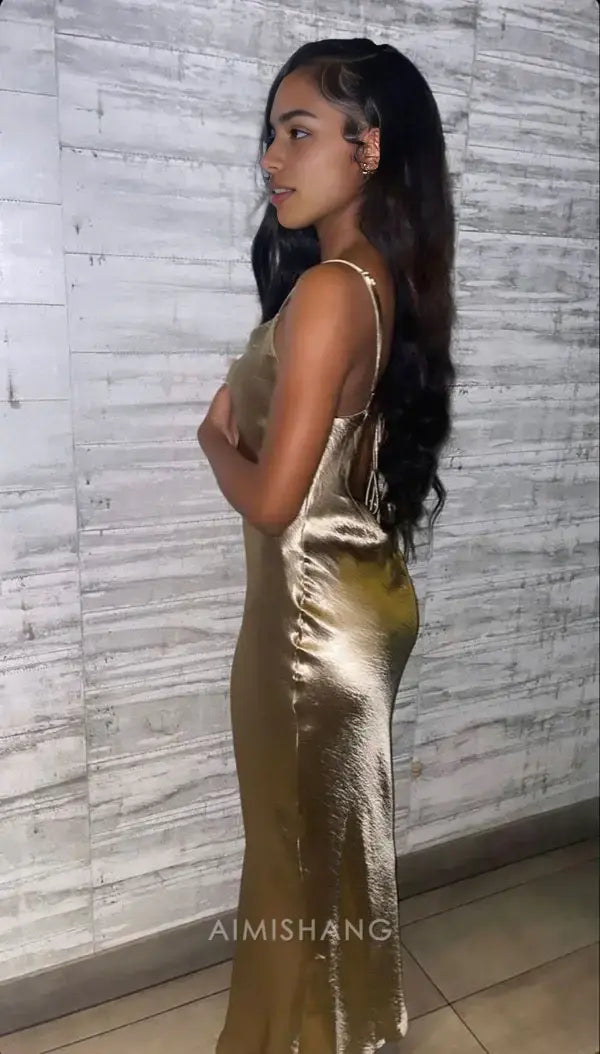Aimishang Fashion Spaghetti Straps Sleeveless Satin Formal Prom Dress Black Grils Birthday Party Dress Simple Evening Gown