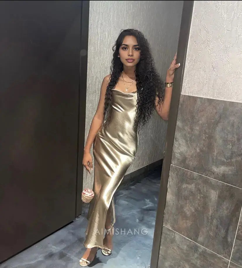Aimishang Fashion Spaghetti Straps Sleeveless Satin Formal Prom Dress Black Grils Birthday Party Dress Simple Evening Gown