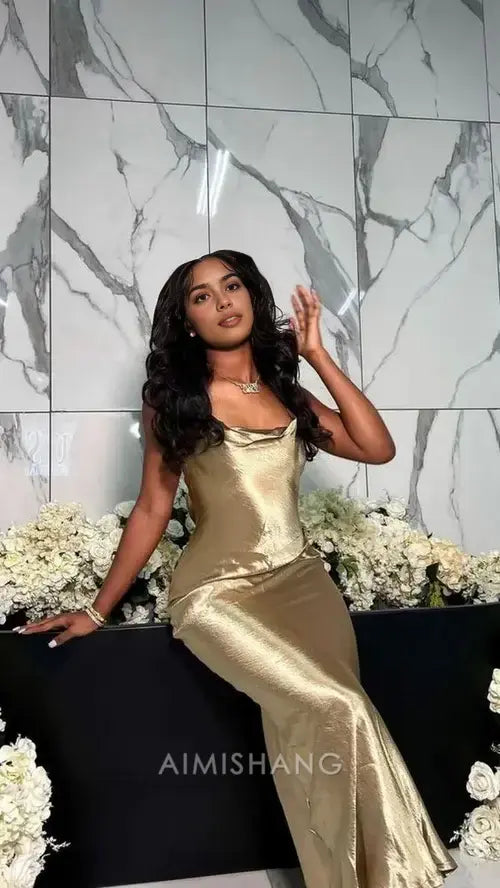 Aimishang Fashion Spaghetti Straps Sleeveless Satin Formal Prom Dress Black Grils Birthday Party Dress Simple Evening Gown