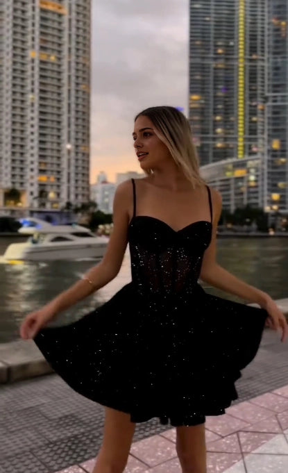 Aimishang Fashion Spaghetti Straps Sweetheart Neck Black A Line Short Homecoming Dress Summer Shiny Birthday Party Dress