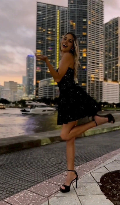 Aimishang Fashion Spaghetti Straps Sweetheart Neck Black A Line Short Homecoming Dress Summer Shiny Birthday Party Dress