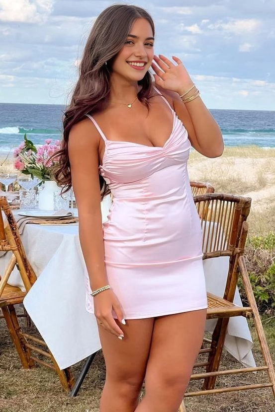 Aimishang Fashion Spaghetti Straps V-neck Sheath Ruched Satin Sleeveless Short Homecoming Dress Mini Summer Party Dress