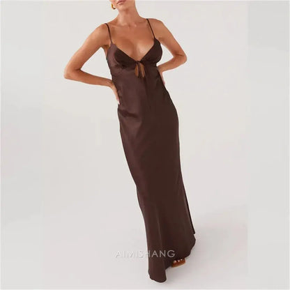 Aimishang Fashion Spaghetti Straps V-neck Sleeveless Long Prom Dress Simple Maxi Dress Elegant Evening Party Dress