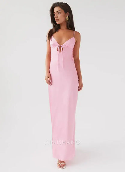 Aimishang Fashion Spaghetti Straps V-neck Sleeveless Long Prom Dress Simple Maxi Dress Elegant Evening Party Dress