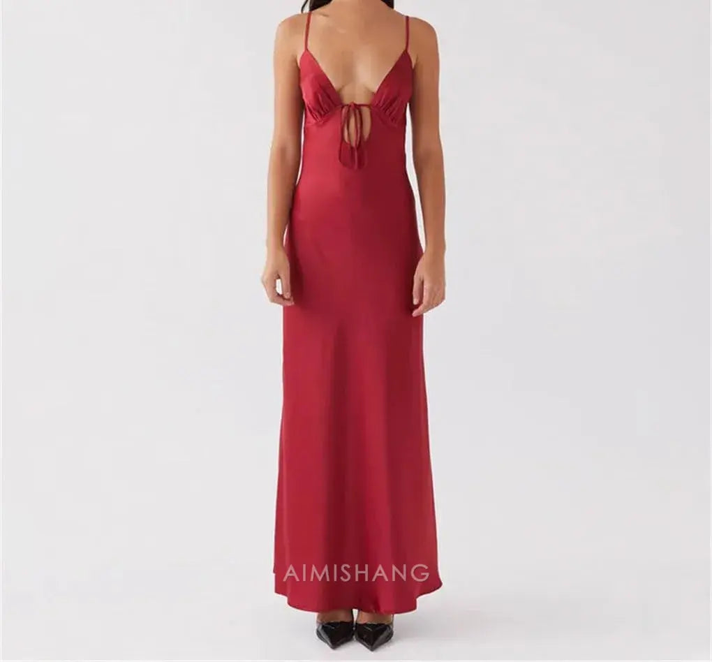 Aimishang Fashion Spaghetti Straps V-neck Sleeveless Long Prom Dress Simple Maxi Dress Elegant Evening Party Dress