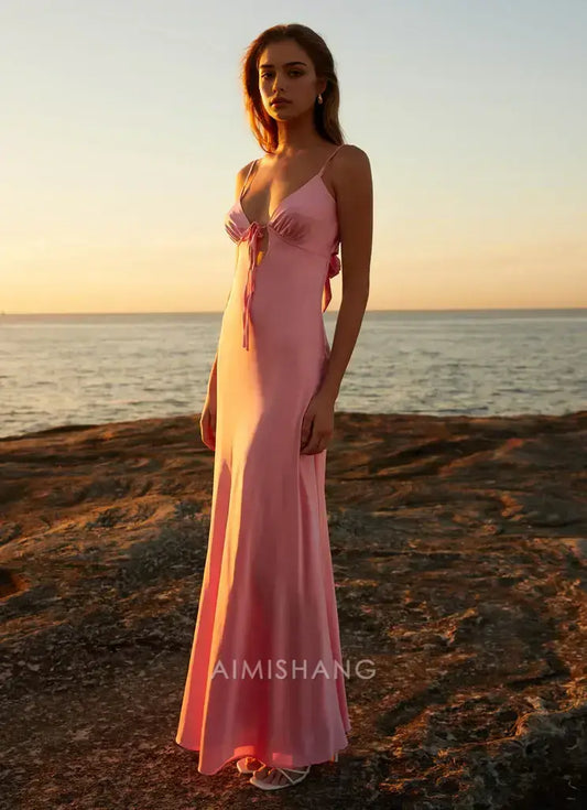 Aimishang Fashion Spaghetti Straps V-neck Sleeveless Long Prom Dress Simple Maxi Dress Elegant Evening Party Dress