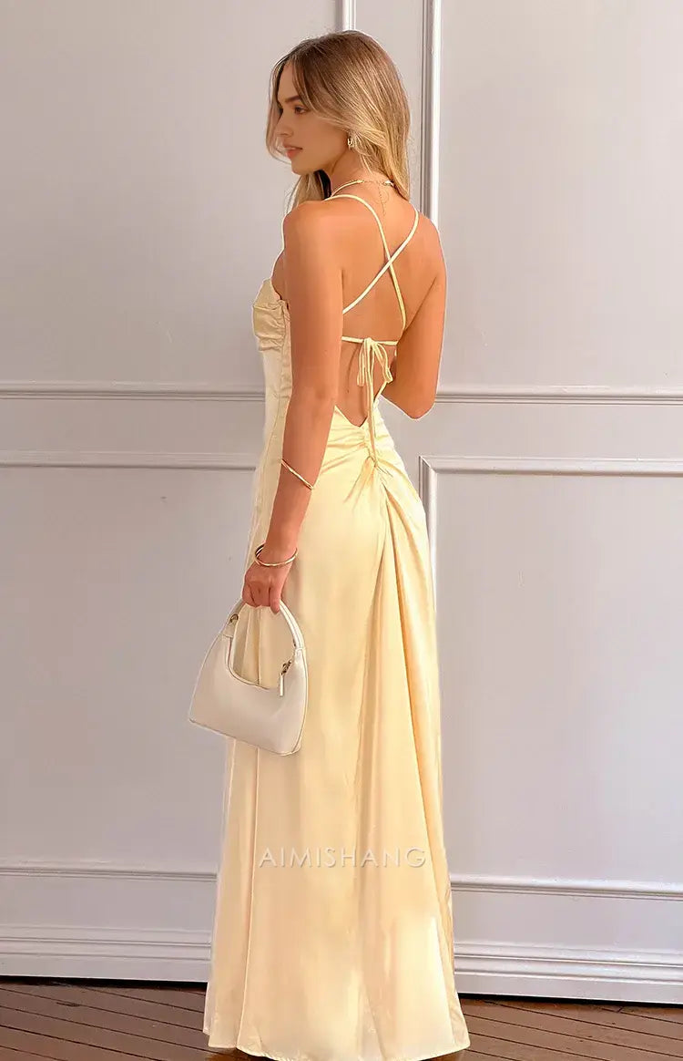 Aimishang Fashion Spaghetti Straps Yellow Satin Formal Prom Dress Elegant Maxi Dress Simple Evening Party Gown