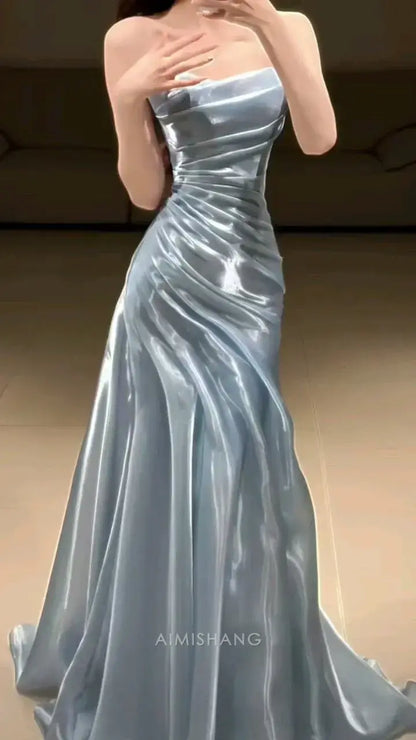 Aimishang Fashion Strapless Pleated Sleeveless Long Formal Prom Dress Elegant Evening Party Gown Charming Graduation Dress