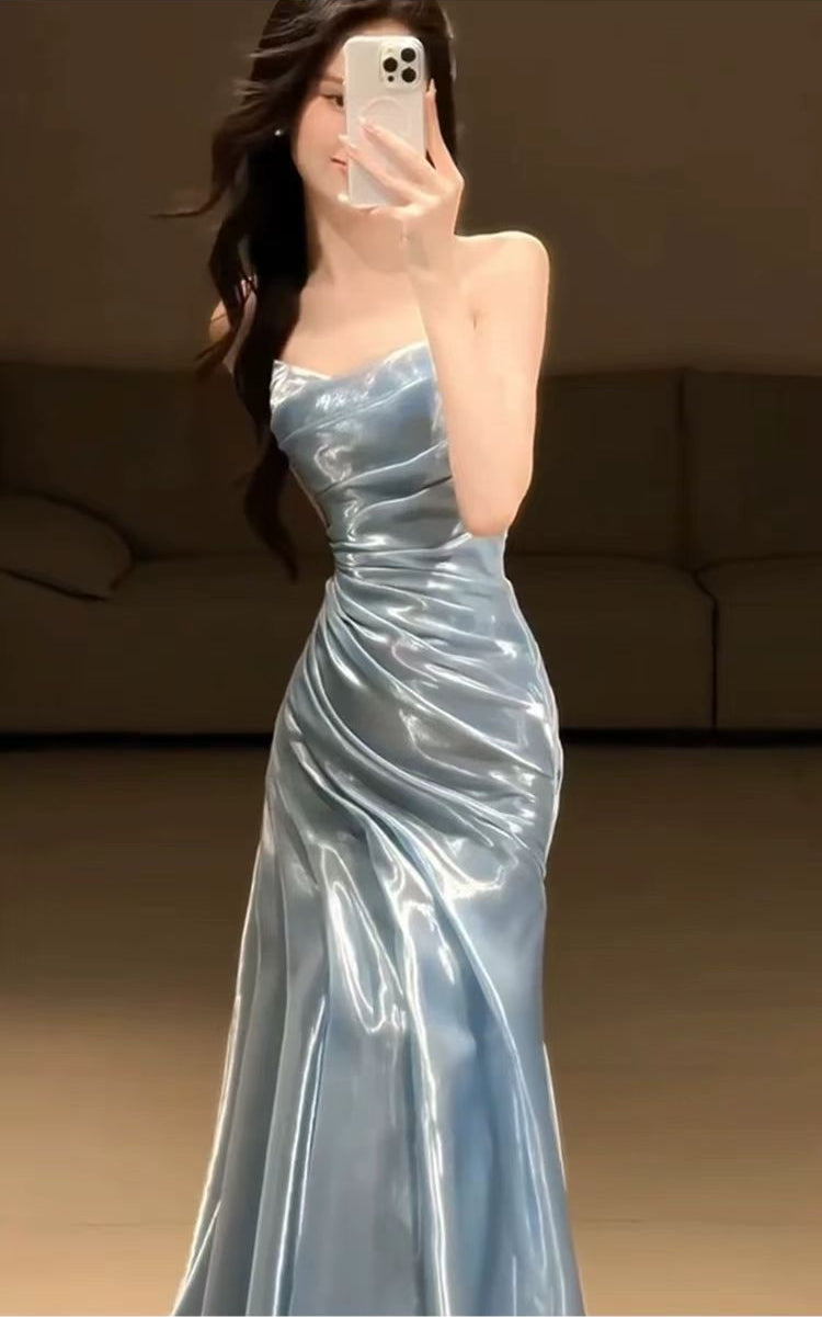 Aimishang Fashion Strapless Pleated Sleeveless Long Formal Prom Dress Elegant Evening Party Gown Charming Graduation Dress