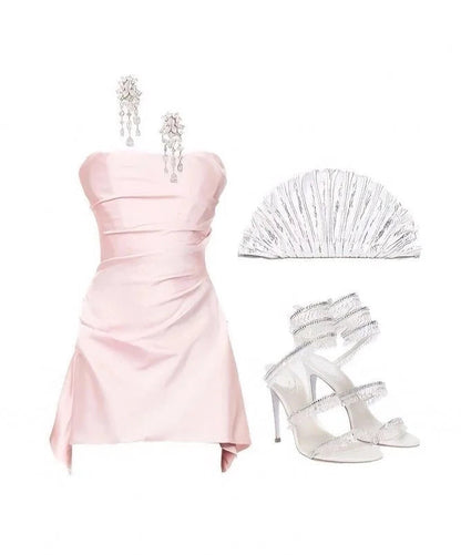 Aimishang Fashion Strapless Satin Sleeveless Short Homecoming Dress Summer Simple Mini Birthday Party Dress