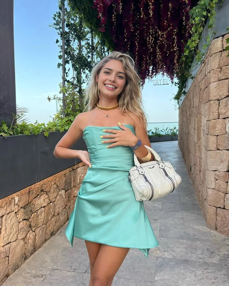 Aimishang Fashion Strapless Satin Sleeveless Short Summer Homecoming Dress Cute Graduation Party Dress