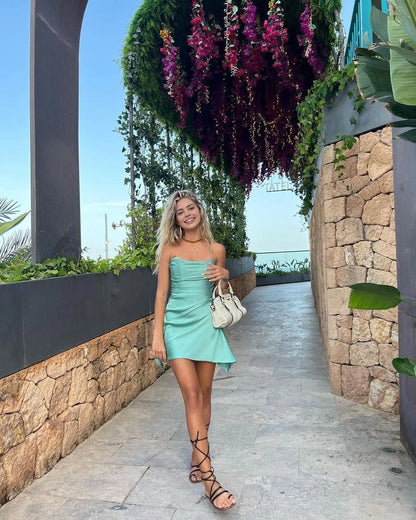 Aimishang Fashion Strapless Satin Sleeveless Short Summer Homecoming Dress Cute Graduation Party Dress