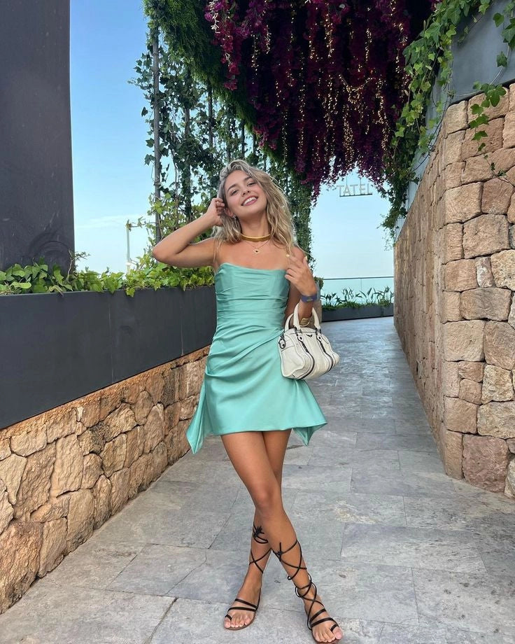 Aimishang Fashion Strapless Satin Sleeveless Short Summer Homecoming Dress Cute Graduation Party Dress