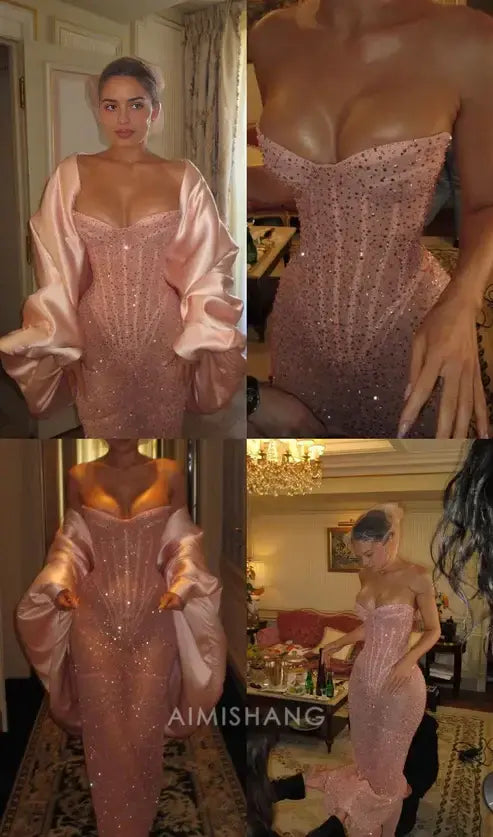 Aimishang Fashion Strapless Sleeveless Long Formal Prom Dress Charming Evening Gown Sexy Birthday Party Dress No Wiith Coat