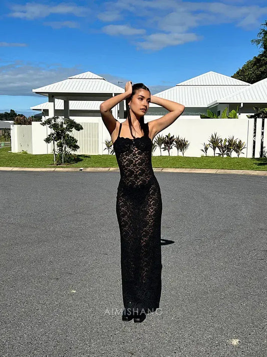 Aimishang Fashion Straps Sleeveless Black Lace Evening Party Gown With Slit Sexy Long Formal Prom Dress Charming Graduation Dress
