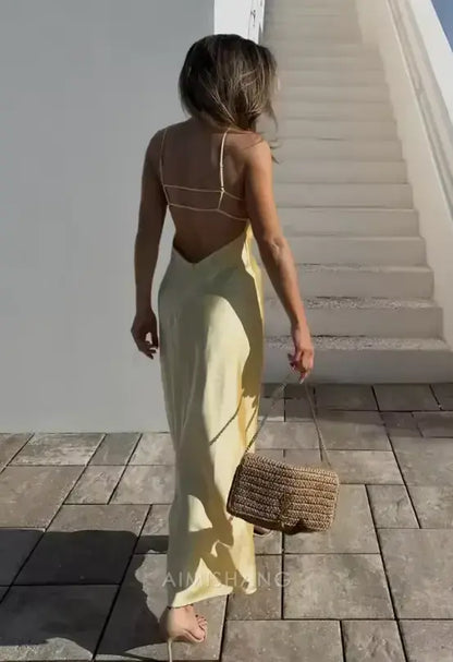 Aimishang Fashion V-neck Spaghetti Straps Sleeveless Prom Dress Simple Maxi Dress Elegant Evening Party Dress