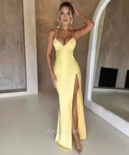 Aimishang Fashion V-neck Spaghetti Straps Sleeveless Prom Dress Simple Evening Party Dress With Slit