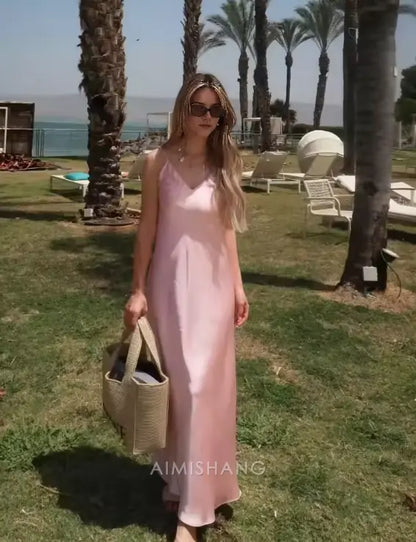 Aimishang Fashion V-neck Spaghetti Straps Sleeveless Prom Dress Simple Maxi Dress Elegant Evening Party Dress