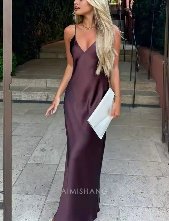 Aimishang Fashion V-neck Spaghetti Straps Sleeveless Prom Dress Simple Maxi Dress Elegant Evening Party Dress