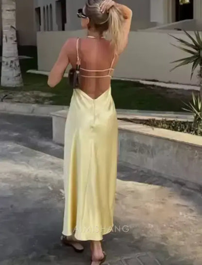 Aimishang Fashion Yellow V-neck Spaghetti Straps Sleeveless Prom Dress Simple Maxi Dress Elegant Evening Party Dress